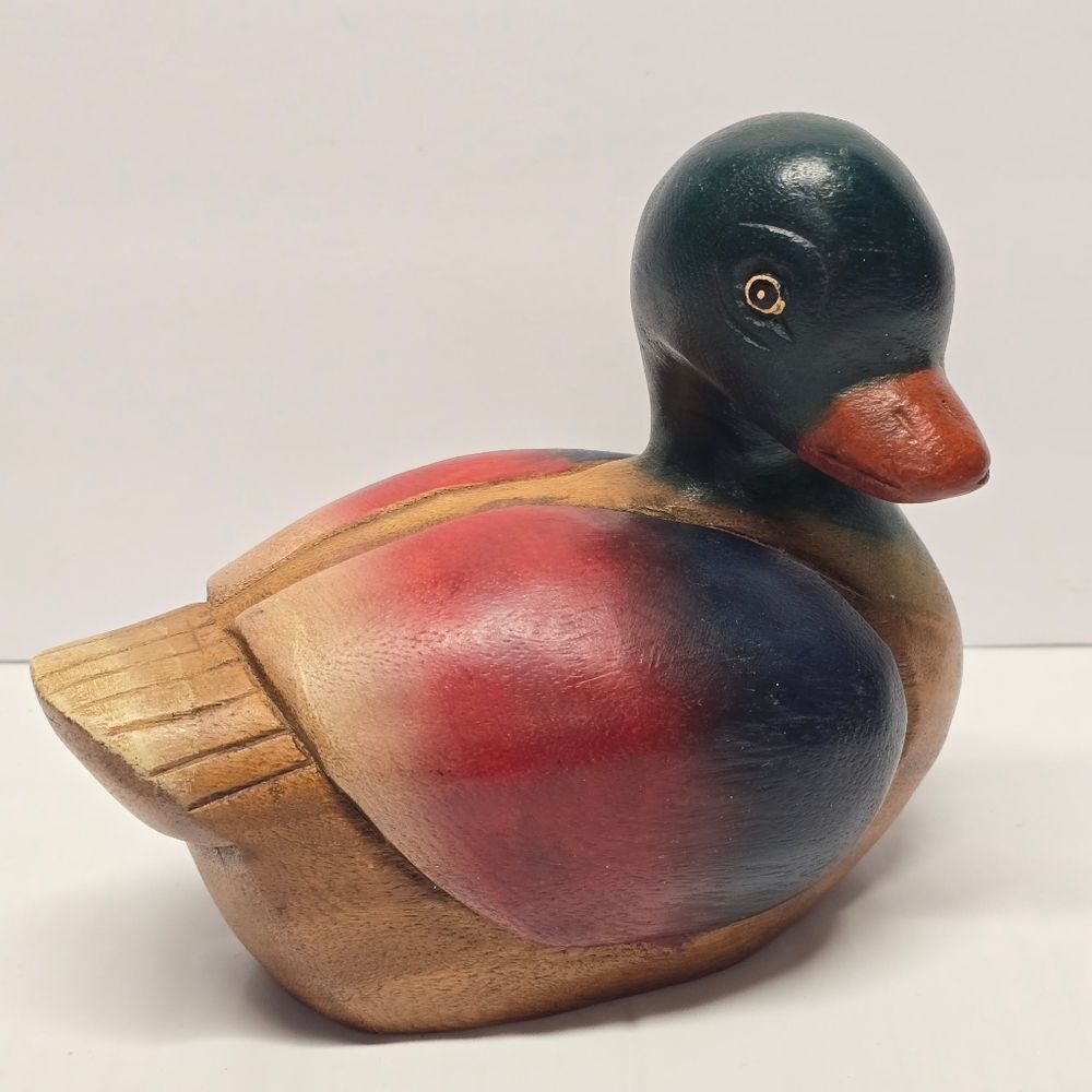 Vintage HAND CARVED PAINTED WOODEN PUFFY DUCK DECOY Newel Post Cap FARMHOUSE